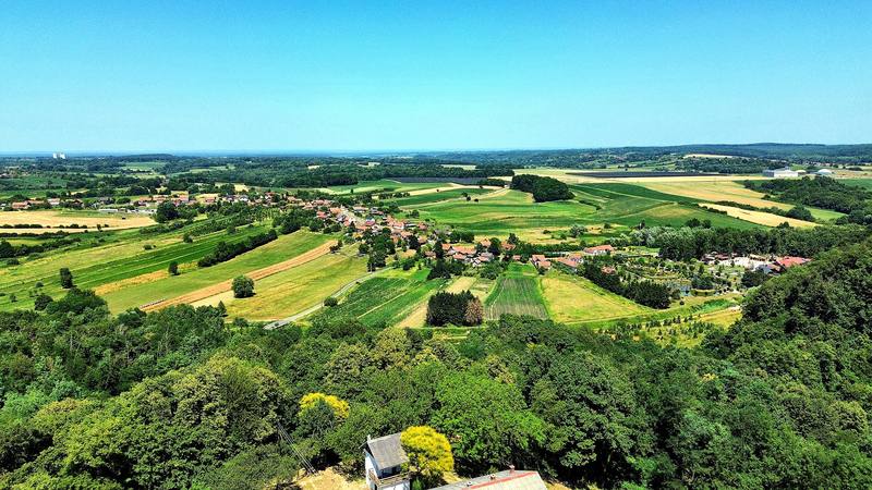 Aerial view of the valley and vineyards around the house
